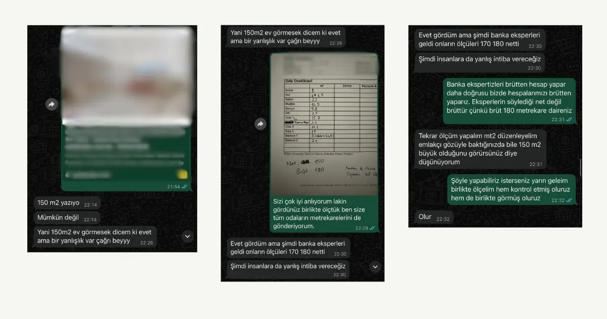 Net ve brüt metrekare farkı üzerine emlak danışmanı ile mülk sahibi WhatsApp konuşması