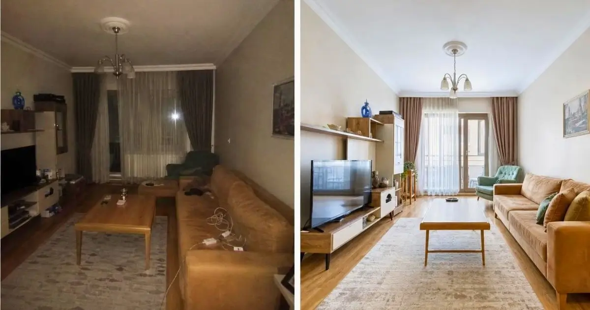 Aynı salonun karanlık telefon çekimi ile aydınlık profesyonel fotoğrafının karşılaştırması